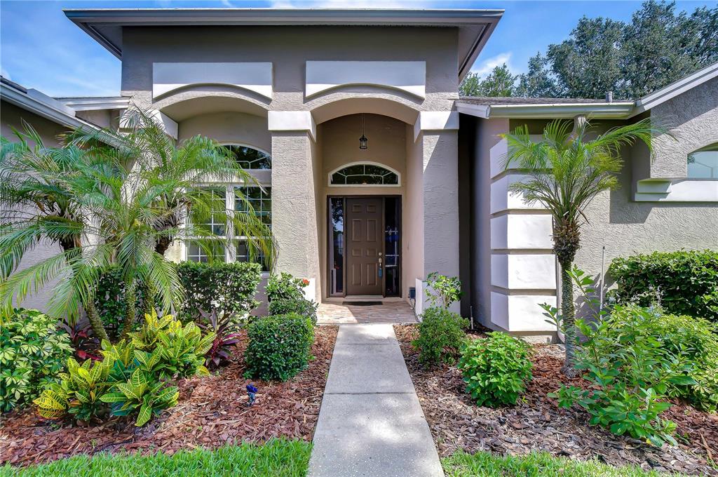 The exterior of a house features a brown front door, arched windows, and palm trees — 4916 WILLOW RIDGE TERRACE, VALRICO, FL