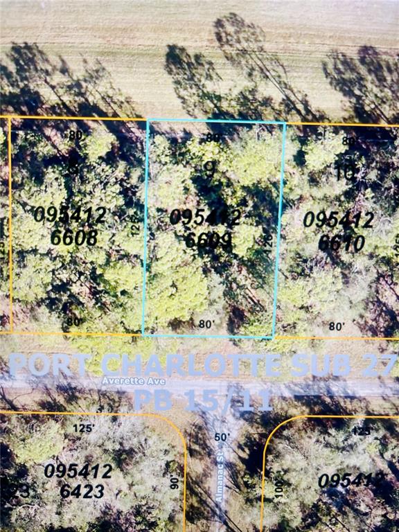 This is a plat map showing a rectangular lot highlighted in blue among surrounding properties — 0954126609 AVERETTE AVENUE, NORTH PORT, FL