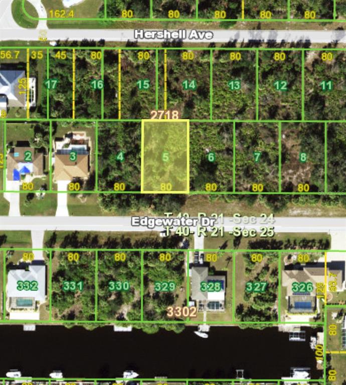 This is a map showing a highlighted rectangular land parcel among other residential lots — 17174 EDGEWATER DRIVE, PORT CHARLOTTE, FL