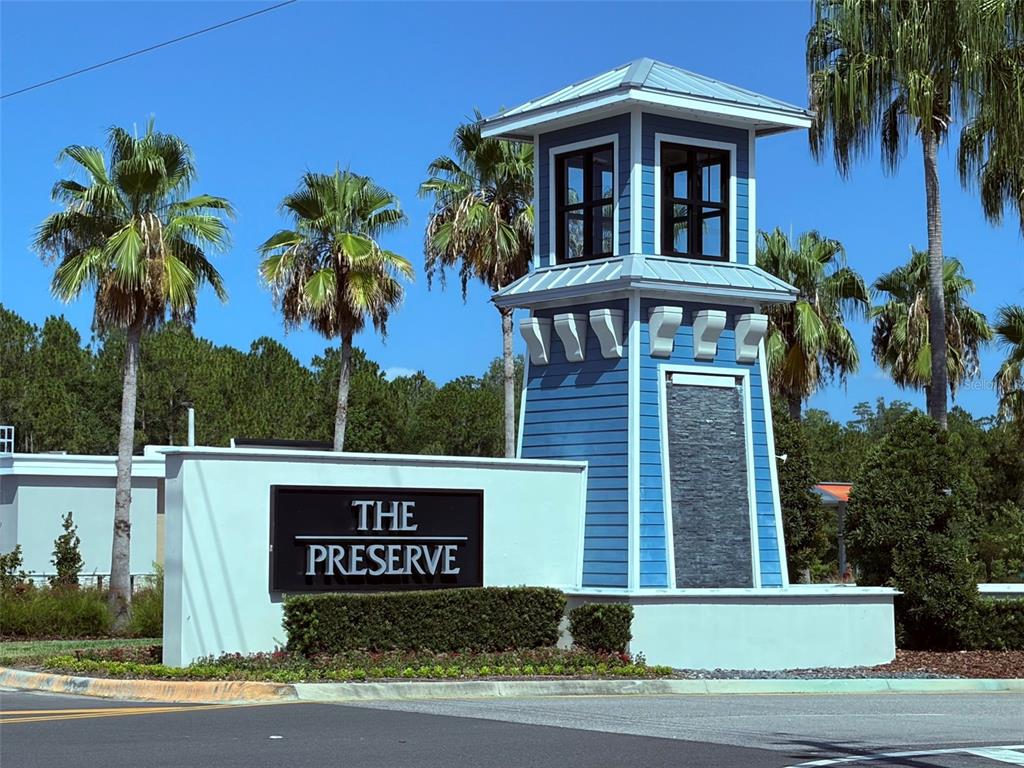 A blue lighthouse-style monument sign for The Preserve stands near palm trees and a road — 16252 SILENT SANDS LANE, ODESSA, FL