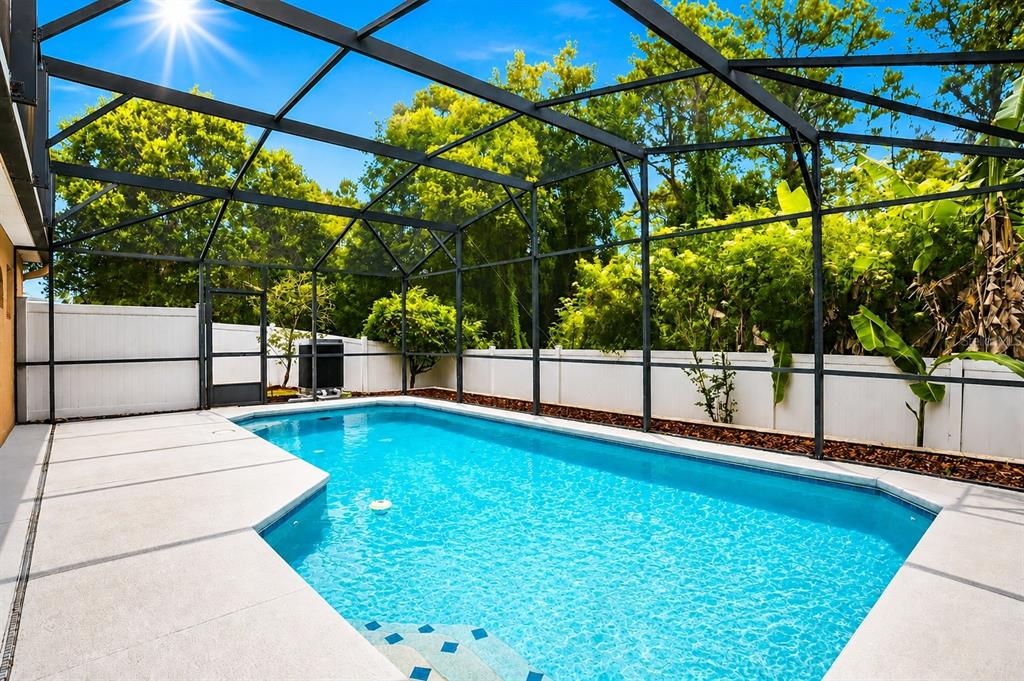 A swimming pool with a screened-in enclosure and a white vinyl fence in the backyard — 2015 CORNER SCHOOL DRIVE, ORLANDO, FL