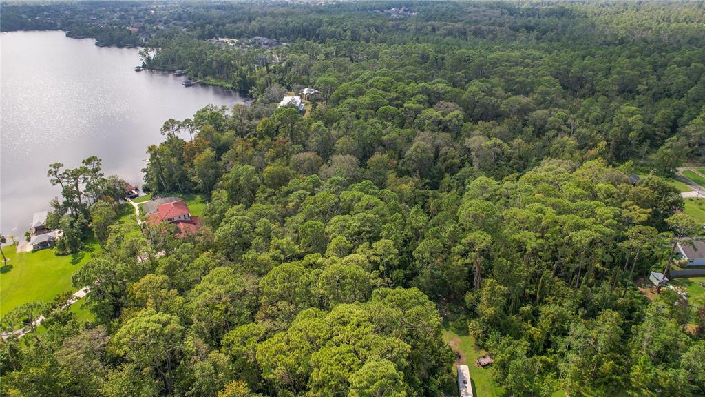 An aerial view shows a wooded lot bordering a lake with nearby residential houses — W 5TH STREET, CHULUOTA, FL