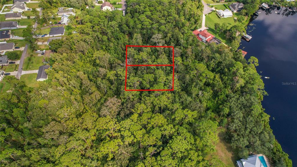 An aerial view shows two adjacent wooded lots outlined in red near a lake — W 5TH STREET, CHULUOTA, FL