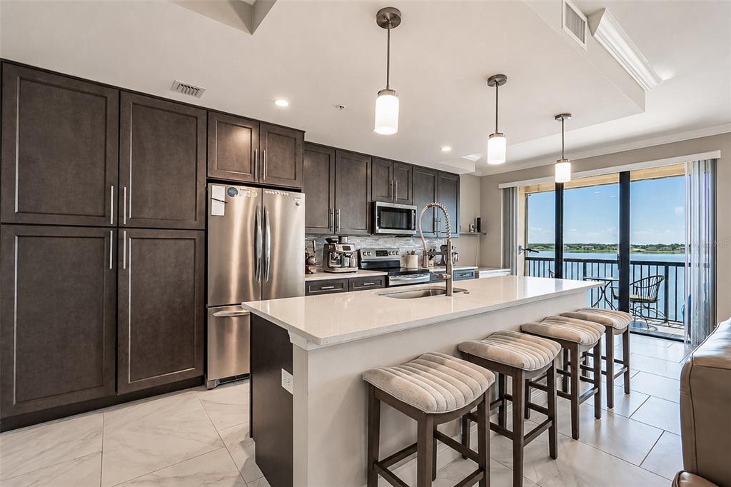 A modern kitchen features dark wood cabinets, a white quartz island, and a balcony view — 16300 COUNTY ROAD 455 UNIT 511, MONTVERDE, FL