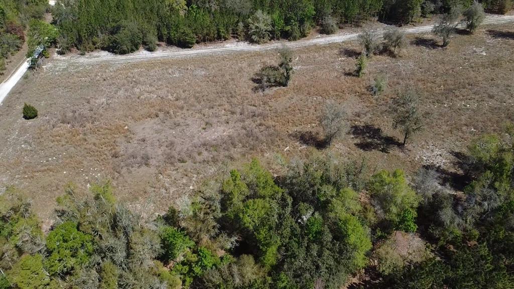 An aerial view shows a large, dry, grassy lot bordered by trees and a dirt road — 000 SW LANGELIER, FORT WHITE, FL