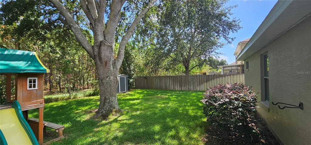 A grassy backyard features a large tree, a wooden playset, and a wooden privacy fence — 1068 VANDERBILT DRIVE, EUSTIS, FL