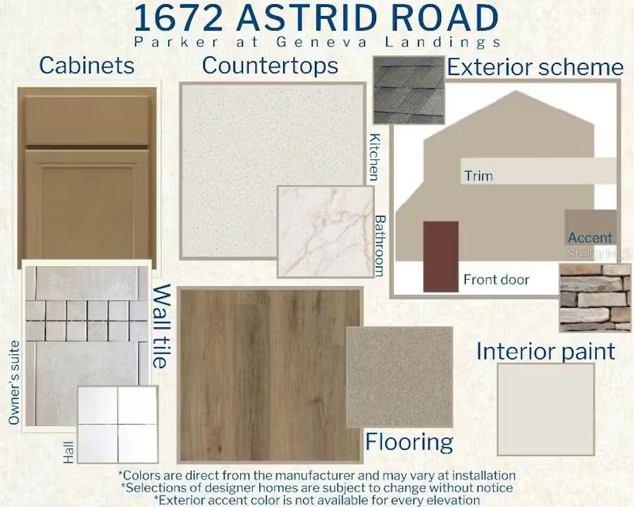 This design board displays material and color samples for home cabinetry, countertops, flooring, and exterior finishes — 1672 ASTRID ROAD, DAVENPORT, FL