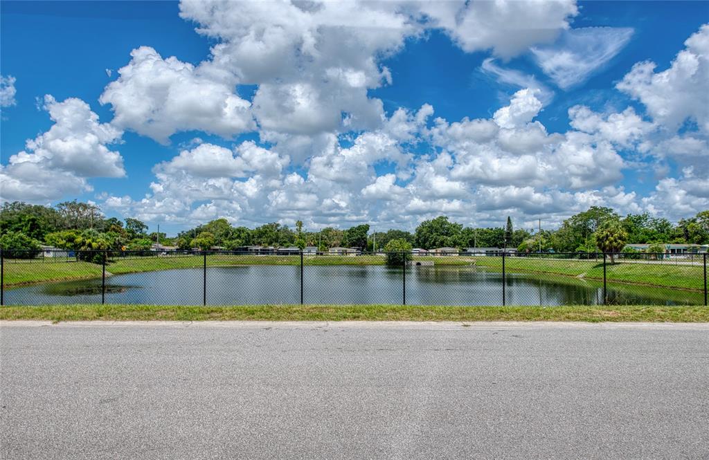 A chain-link fence separates a paved road from a pond under a cloudy sky — 10205 N 29TH STREET, TAMPA, FL