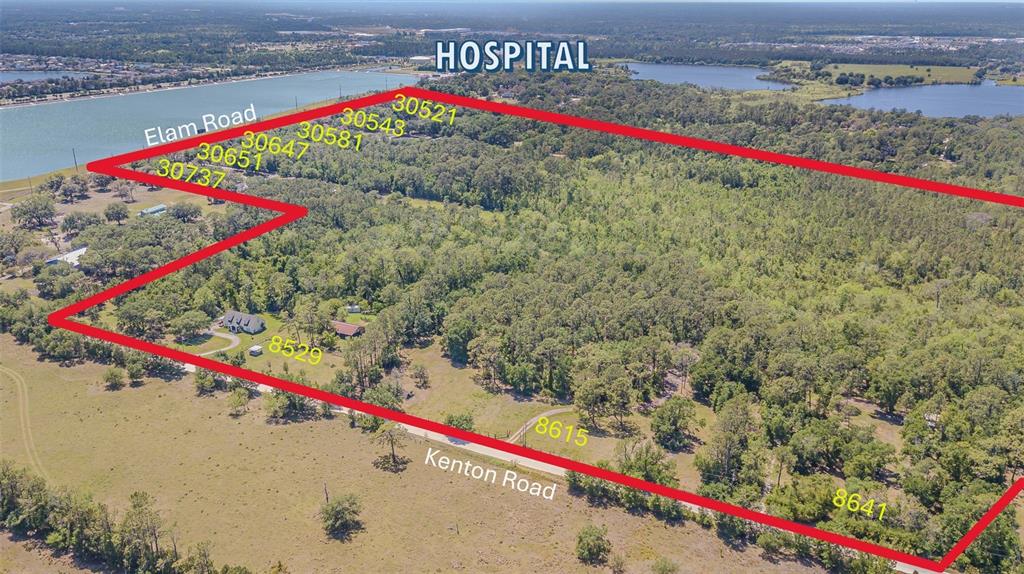 An aerial view shows a large, wooded plot of land outlined in red near a lake — 8529 KENTON ROAD, WESLEY CHAPEL, FL