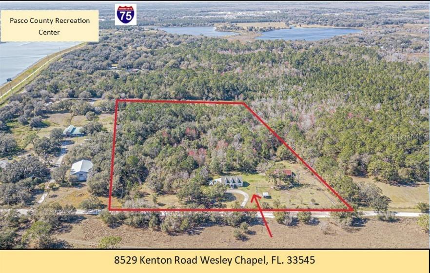 An aerial view shows a house on a large, partially wooded lot with red boundary lines — 8529 KENTON ROAD, WESLEY CHAPEL, FL