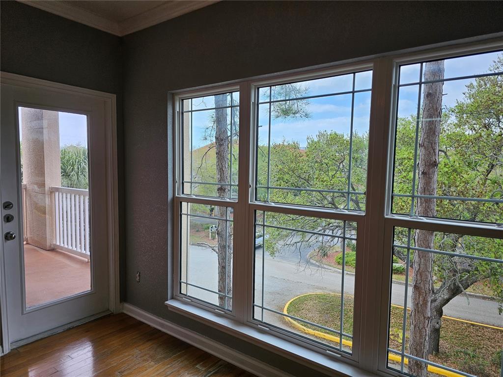 A room with hardwood floors, gray walls, and large windows overlooking trees and a parking lot — 1216 S MISSOURI AVENUE UNIT 202, CLEARWATER, FL