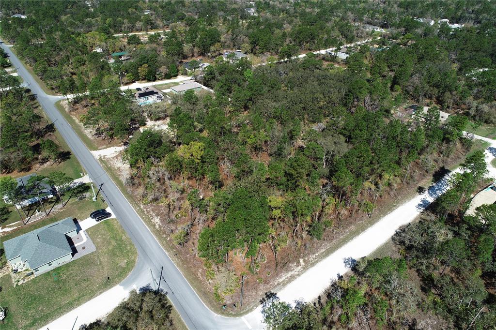 An aerial view shows a wooded, undeveloped corner lot situated between two paved roads — 11283 WOOD OWL AVENUE, WEEKI WACHEE, FL
