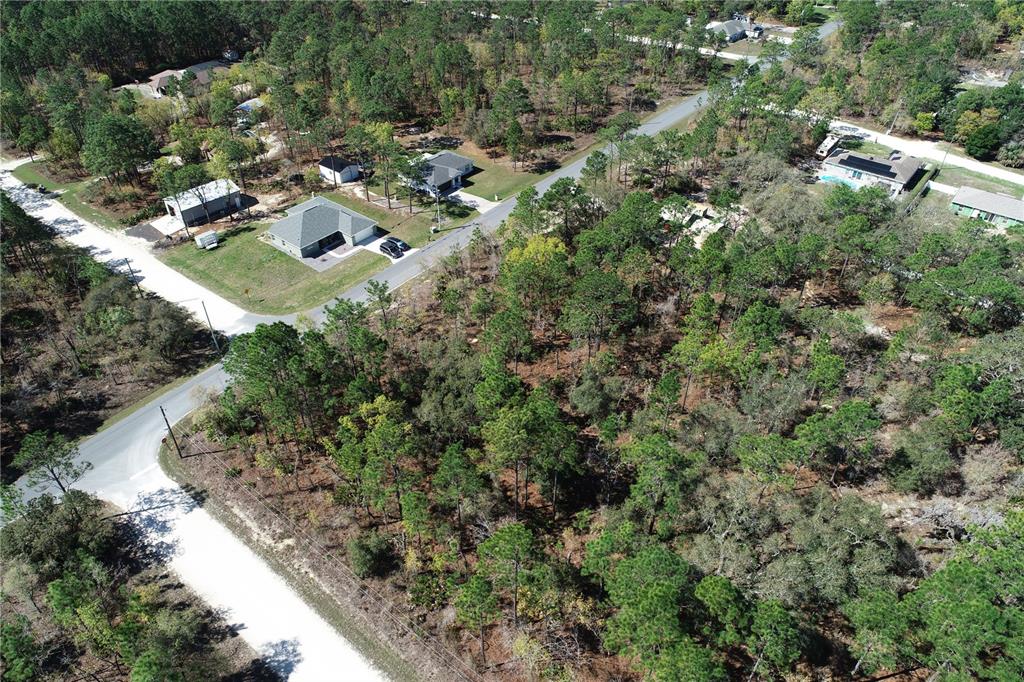 An aerial view shows a wooded residential lot situated at a paved road intersection — 11283 WOOD OWL AVENUE, WEEKI WACHEE, FL