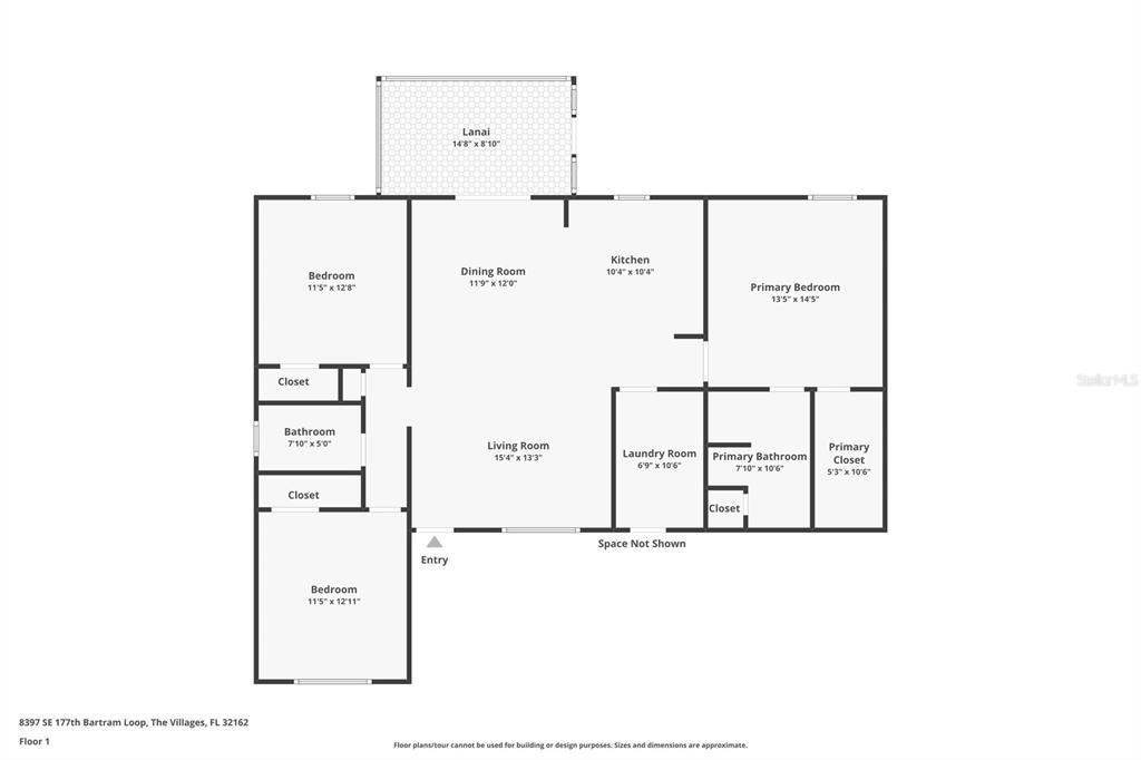 This is a floor plan showing the layout of a home with three bedrooms — 8397 SE 177TH BARTRAM LOOP, THE VILLAGES, FL