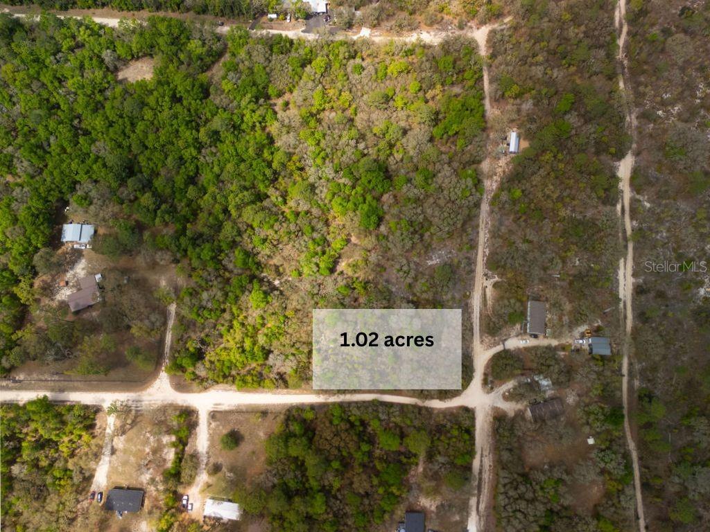 An aerial view shows a wooded 1.02-acre plot of land bordered by dirt roads — 00 NE 131ST TERRACE, BRONSON, FL
