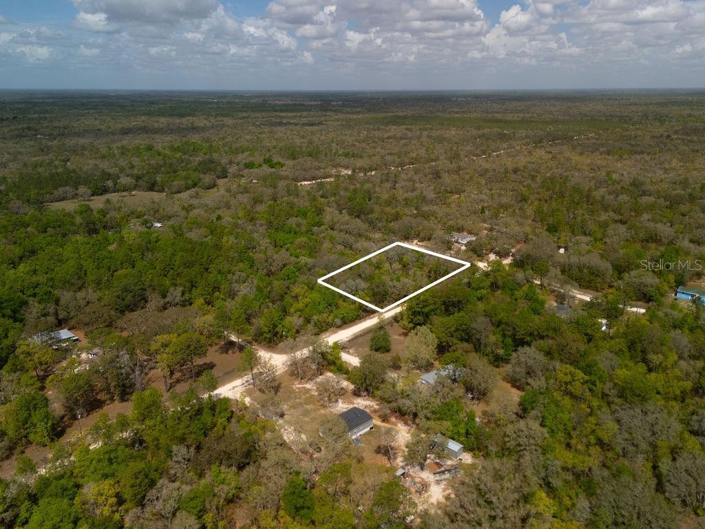 An aerial view shows a wooded lot outlined in white situated in a rural area — 00 NE 131ST TERRACE, BRONSON, FL