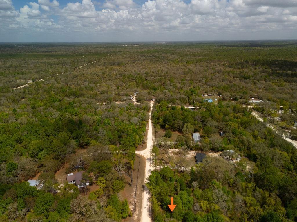 An aerial view shows a dirt road winding through a wooded area with scattered houses — 00 NE 131ST TERRACE, BRONSON, FL