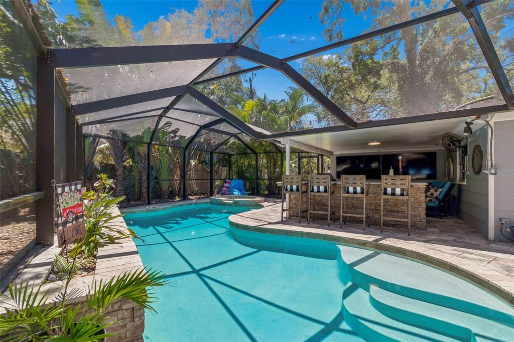 A screened-in pool area features a stone bar, patio seating, and lush tropical landscaping — 4528 W WOODMERE ROAD, TAMPA, FL