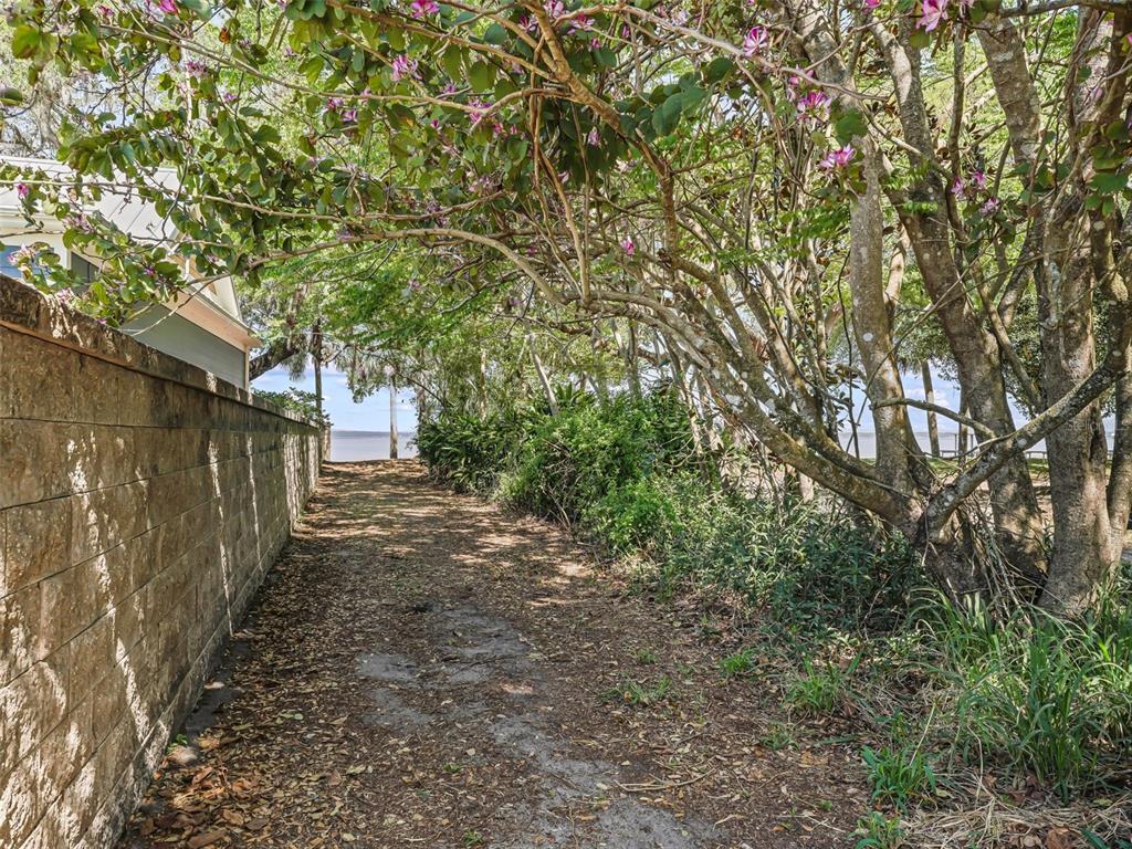 A dirt path runs between a stone wall and flowering trees toward a waterfront view — 13945 SE 156TH LANE, WEIRSDALE, FL