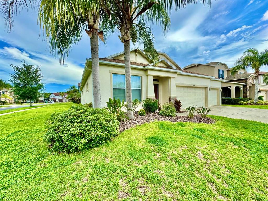 A single-story suburban house with a beige exterior, a two-car garage, and palm trees — 3989 WINDCREST DRIVE, WESLEY CHAPEL, FL