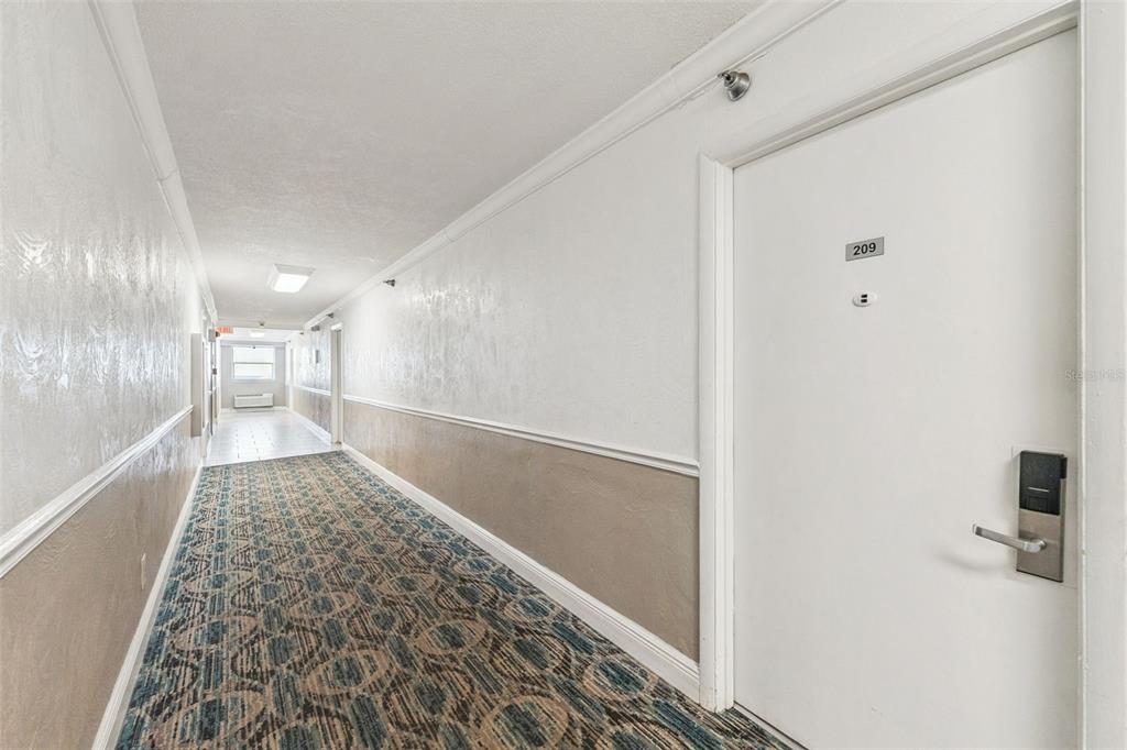 A hotel hallway features patterned carpet, white walls with wainscoting, and a door numbered 209 — 313 S ATLANTIC AVENUE UNIT 2090, DAYTONA BEACH, FL