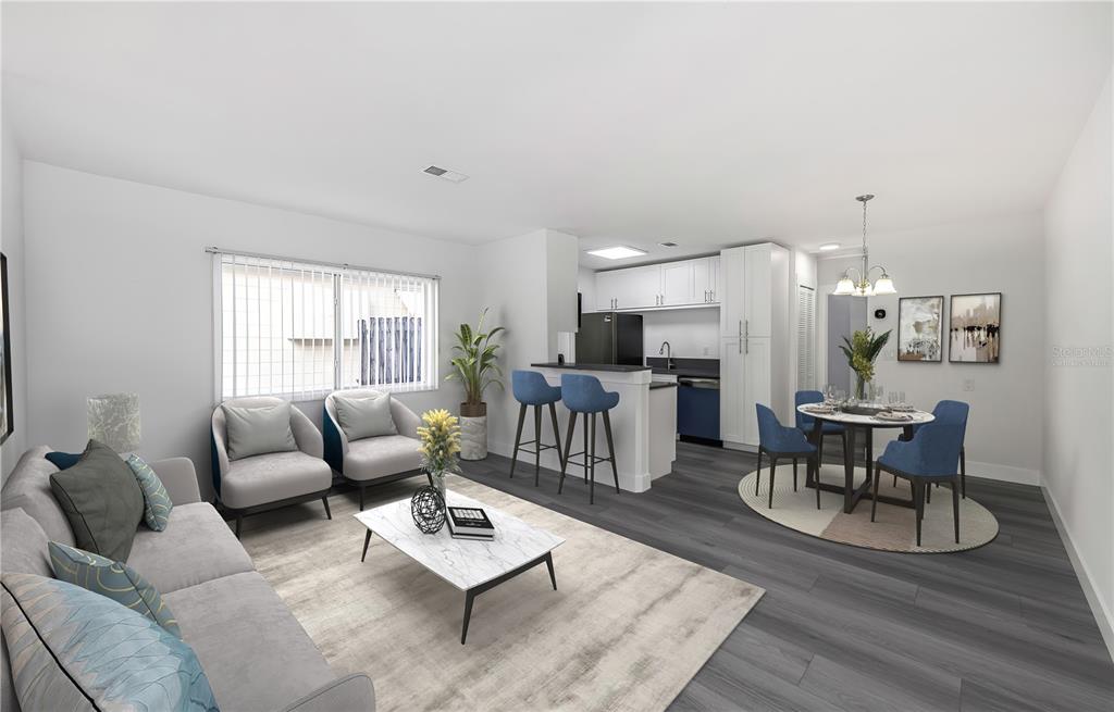 This is a digital rendering of an open-concept living and dining area with modern finishes — 360 57TH STREET N, ST PETERSBURG, FL