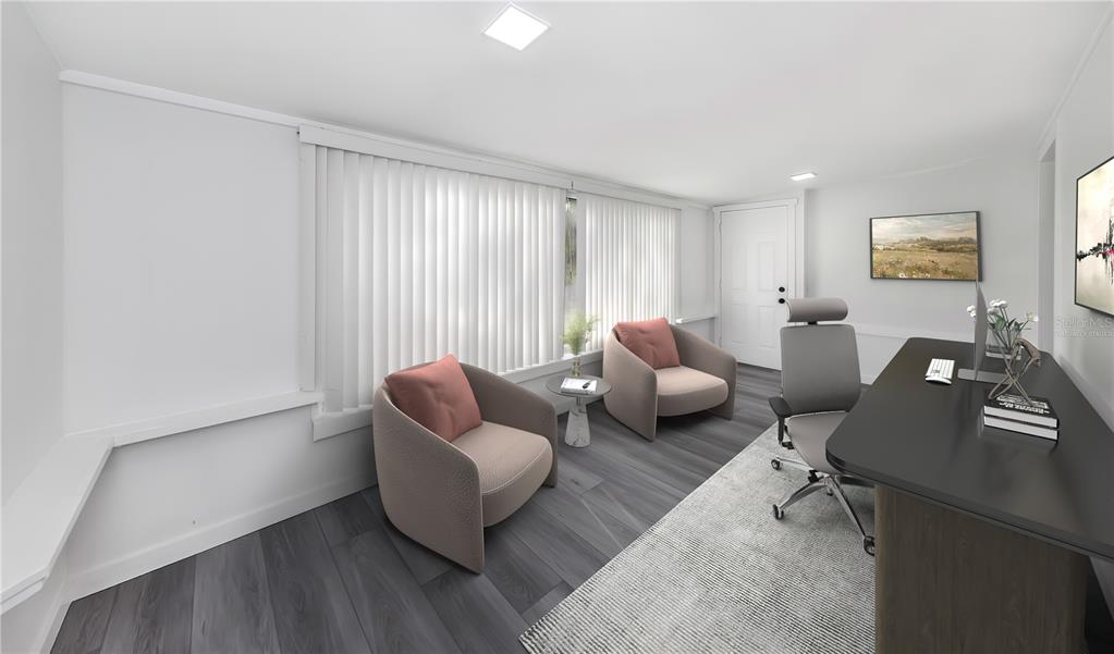 This is a digital rendering of a home office featuring two armchairs, a desk, and flooring — 360 57TH STREET N, ST PETERSBURG, FL