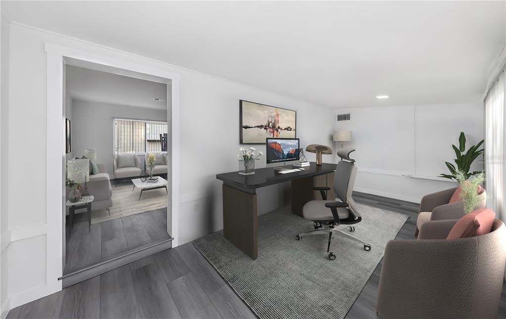This is a digital rendering of a home office featuring a desk, chairs, and flooring — 360 57TH STREET N, ST PETERSBURG, FL