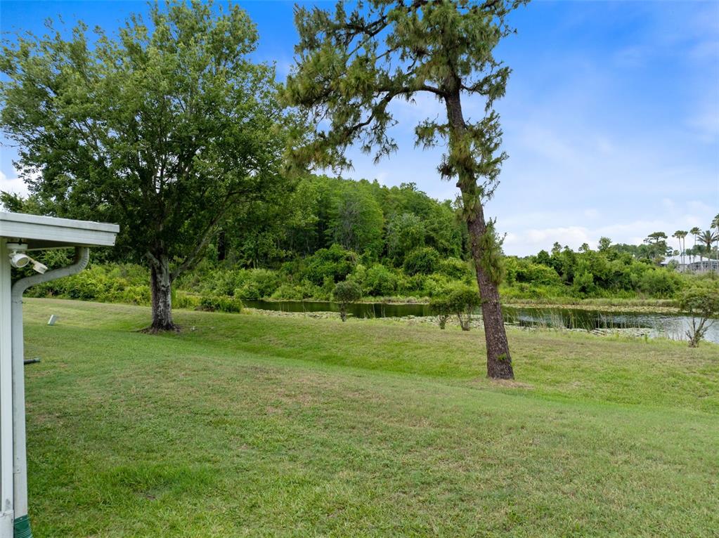 A grassy backyard slopes down toward a pond bordered by dense trees and vegetation — 2144 STONE CROSS CIRCLE, ORLANDO, FL