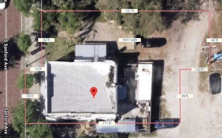 This is an aerial map showing the property boundaries and dimensions of a building lot — 417 & 419 SANFORD AVENUE, SANFORD, FL