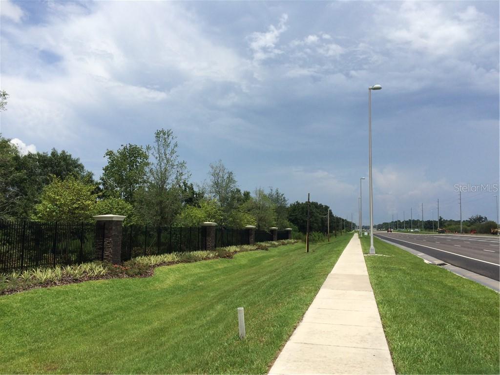 A sidewalk runs alongside a road next to a landscaped area with a metal fence — 11769 S 301 US HIGHWAY S, RIVERVIEW, FL