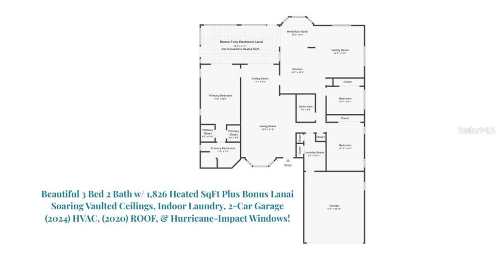 This floor plan shows a three-bedroom, two-bathroom home with a garage and enclosed lanai — 3960 TARPON POINTE CIRCLE, PALM HARBOR, FL