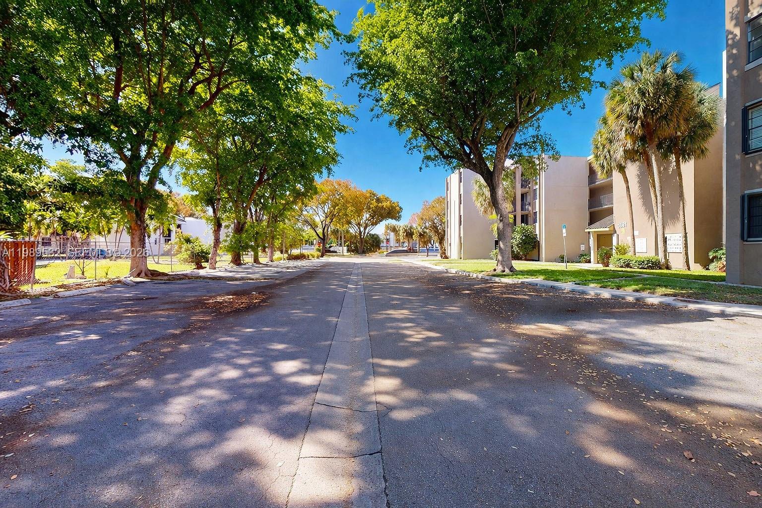 A paved street runs between large trees and apartment buildings under a clear blue sky — 3581 SW 117th Ave # 308, Miami FL 33175, MIAMI, FL