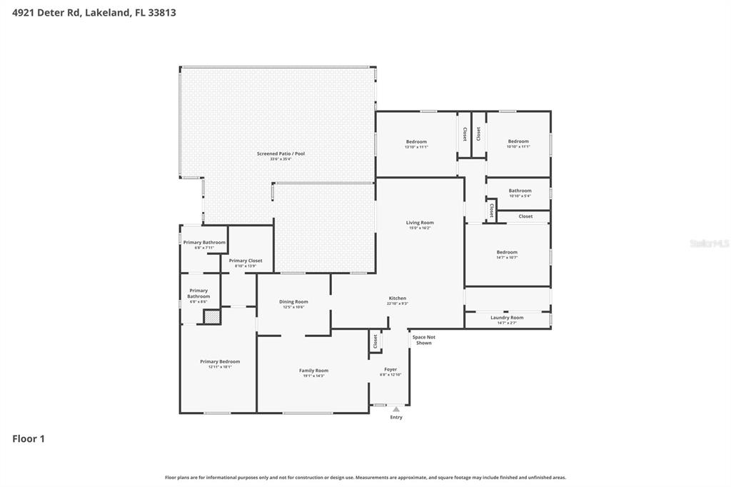 This is a floor plan of a single-story house featuring a pool and screened patio — 4921 DETER ROAD, LAKELAND, FL