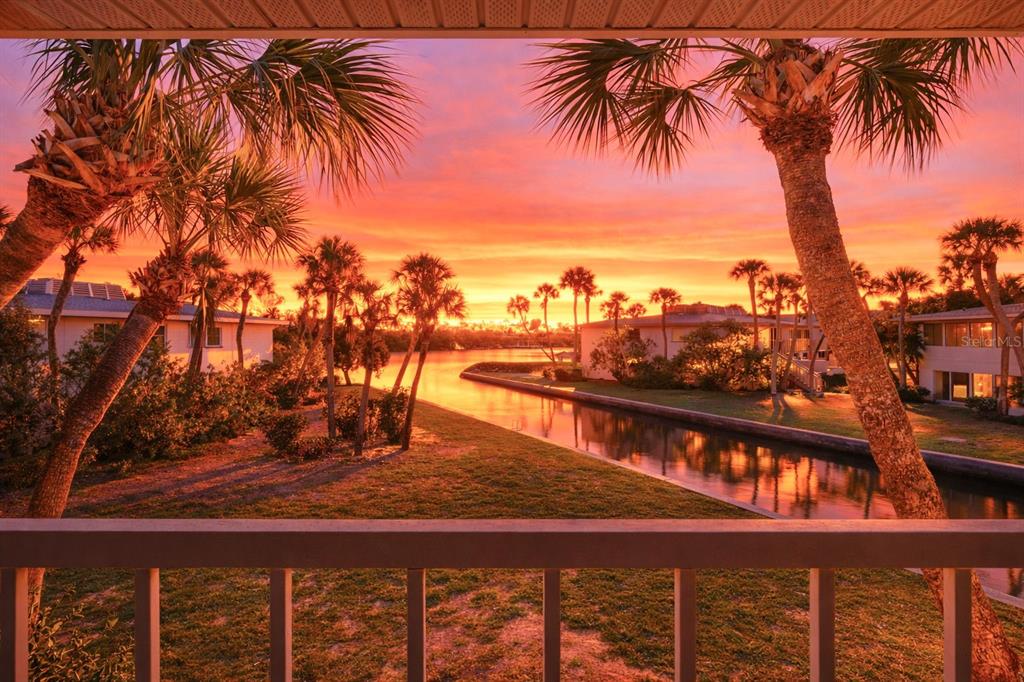 A view from a balcony overlooking a canal lined with palm trees at sunset — 6750 GULF OF MEXICO DRIVE UNIT 152, LONGBOAT KEY, FL