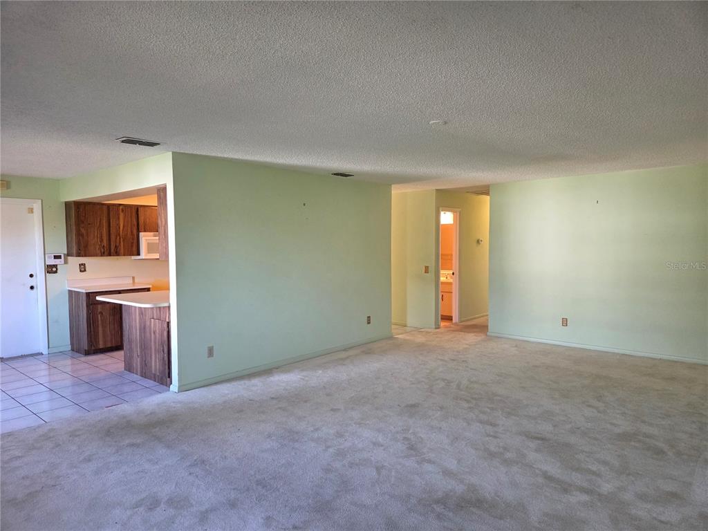 An interior view showing a carpeted living area, a kitchen with wood cabinets, and tile — 842 OSCEOLA AVE, LAKE WALES, FL