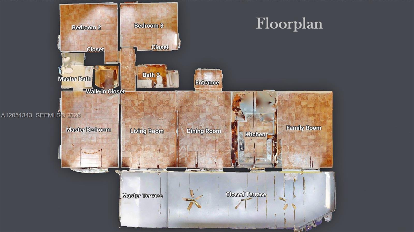 This floor plan shows a residential unit with three bedrooms, two bathrooms, and two terraces — 10251 SW 80th St # 0, Miami FL 33173, MIAMI, FL