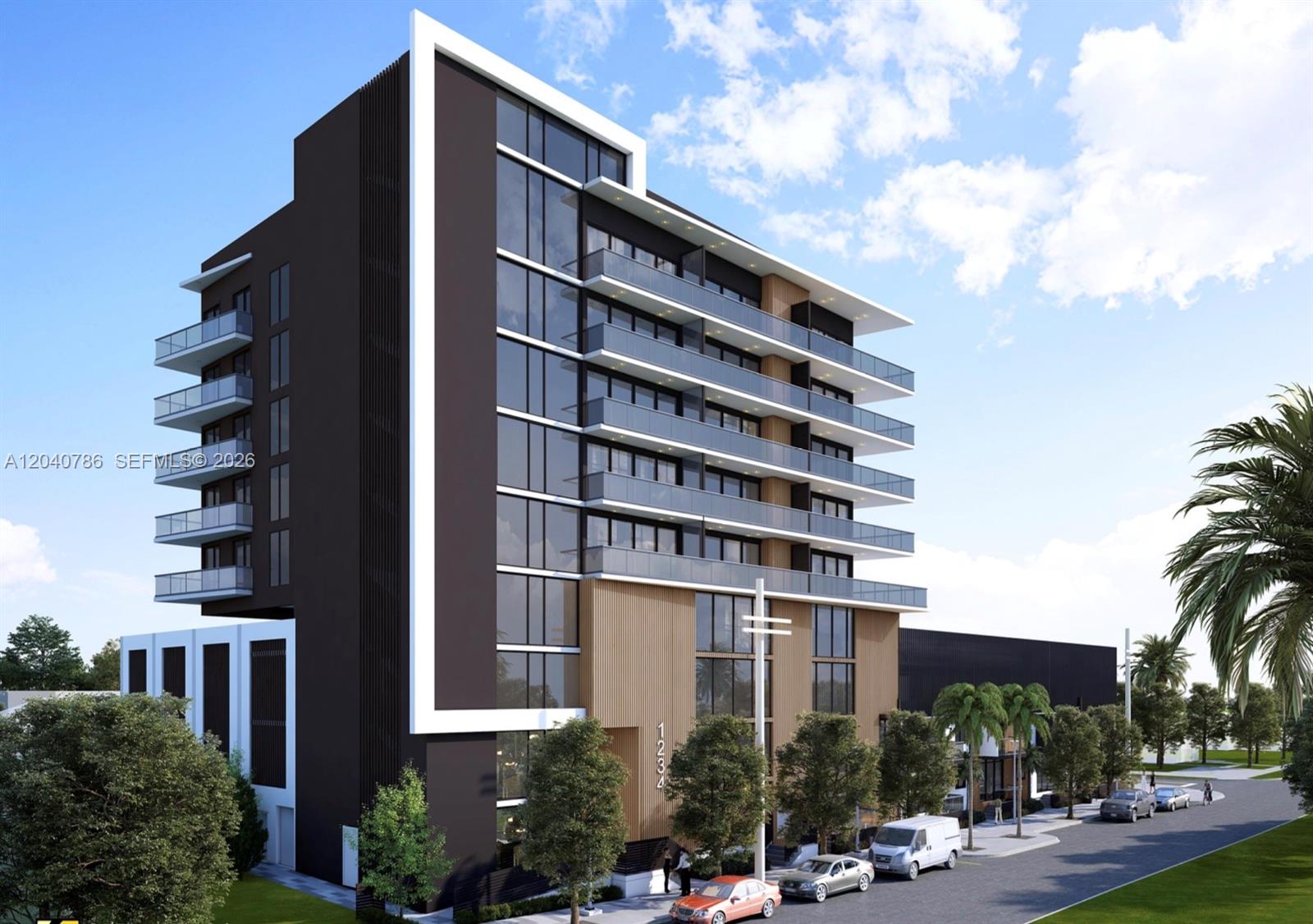 This is a rendering of a modern mid-rise apartment building with balconies and wood accents — 228 SE 9th St, Hallandale Beach FL 33009, HALLANDALE BEACH, FL