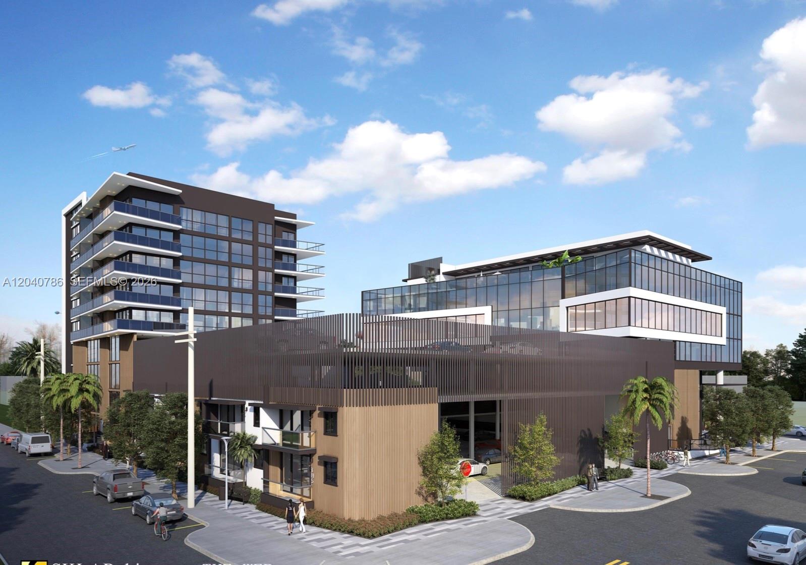 This architectural rendering shows a modern multi-story building complex with glass facades and parking — 228 SE 9th St, Hallandale Beach FL 33009, HALLANDALE BEACH, FL