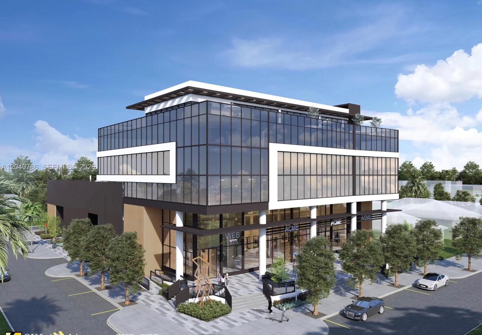This is a rendering of a modern, multi-story commercial building with glass walls and parking — 228 SE 9th St, Hallandale Beach FL 33009, HALLANDALE BEACH, FL