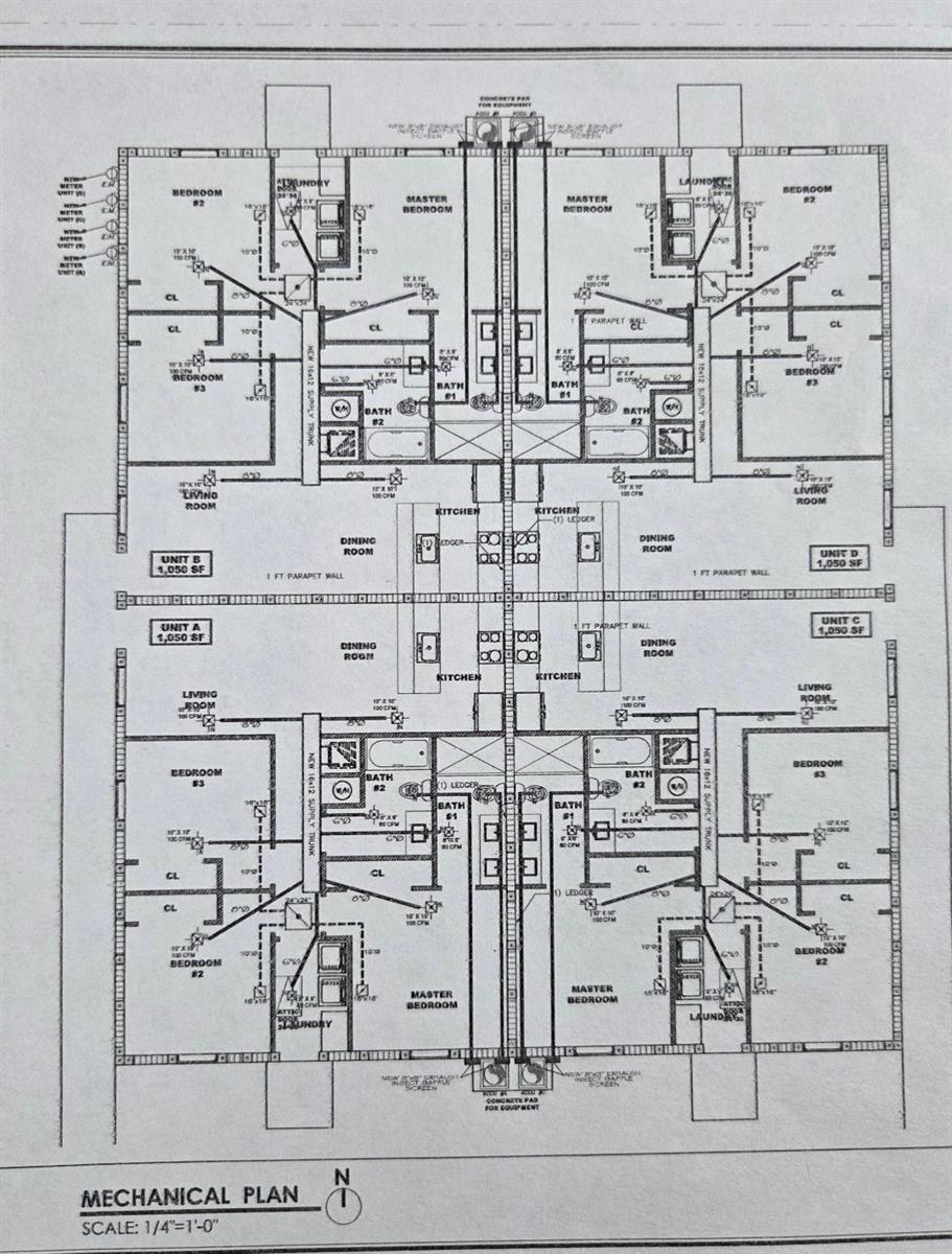 This is a mechanical floor plan showing the HVAC ductwork layout for four residential units — 1114 W 28th Street, Riviera Beach FL 33404, RIVIERA BEACH, FL