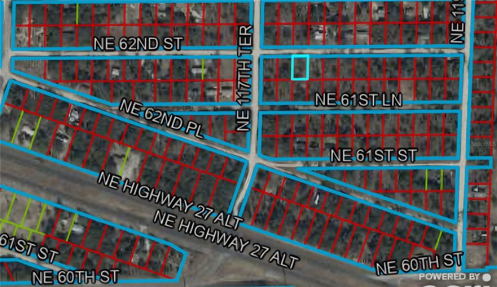 This is a satellite map showing property lot lines and street names in a neighborhood — 00 NE 62ND ST, WILLISTON, FL