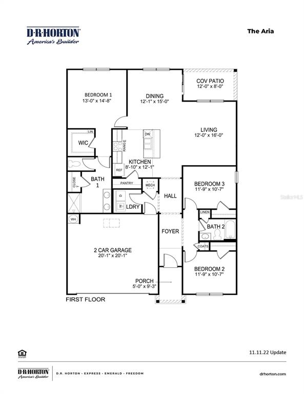 This is a floor plan for a single-story house featuring three bedrooms and a garage — 353 ADMIRALTY COURT, EDGEWATER, FL