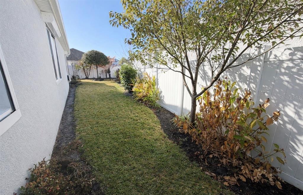 A narrow side yard features a grassy lawn, a small tree, and a white fence — 4638 TERRY TOWN DRIVE, KISSIMMEE, FL