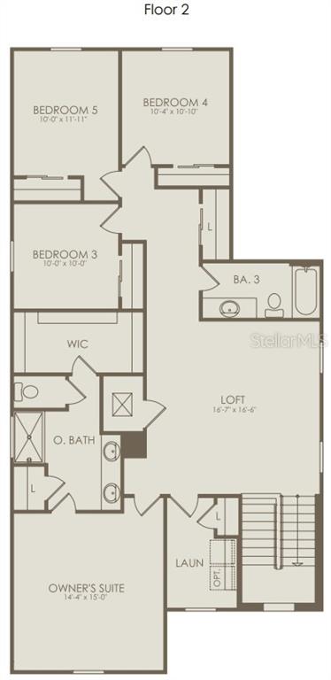 This is a floor plan of a second story featuring five bedrooms, a loft, and laundry — 5052 SHRUB LEAF ALLEY, ST CLOUD, FL