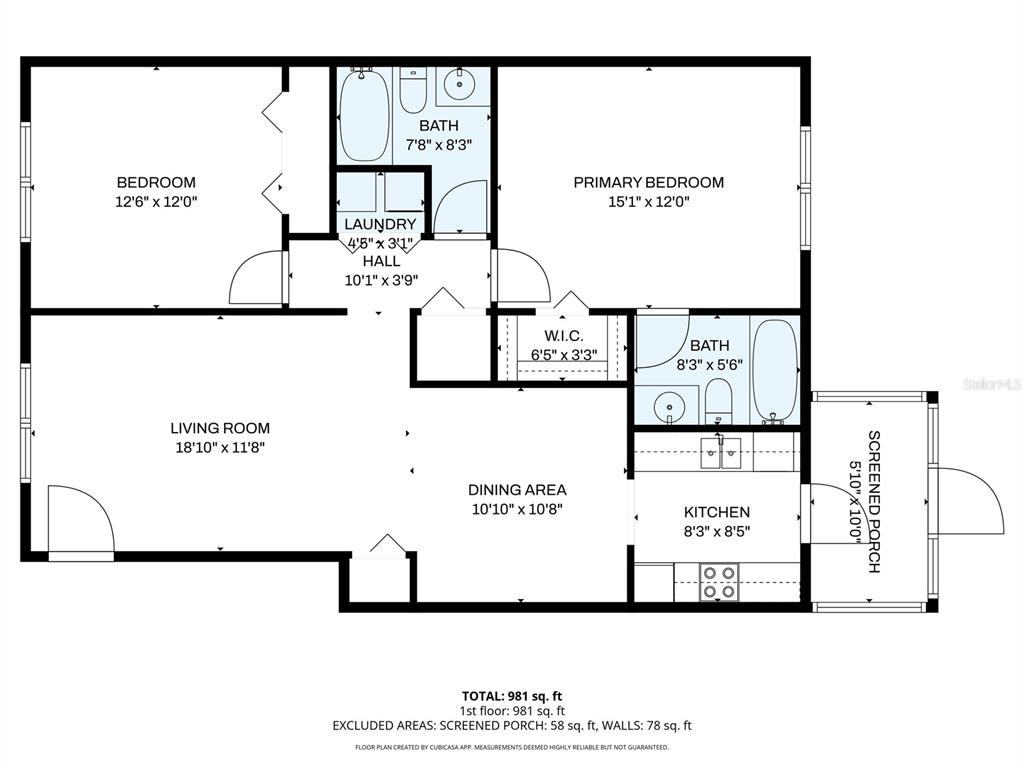 This is a floor plan for a two-bedroom, two-bathroom home with a screened porch — 5441 HANSEL AVENUE UNIT J15, ORLANDO, FL