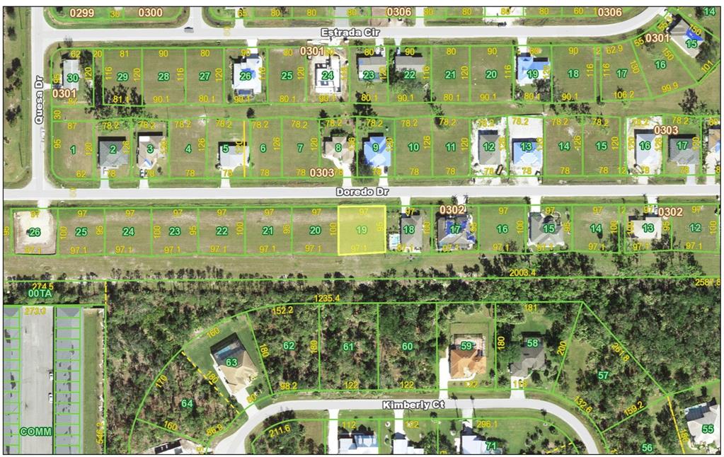 This is a satellite map showing residential lots, streets, and houses in a suburban neighborhood — 25091 DOREDO DRIVE, PUNTA GORDA, FL