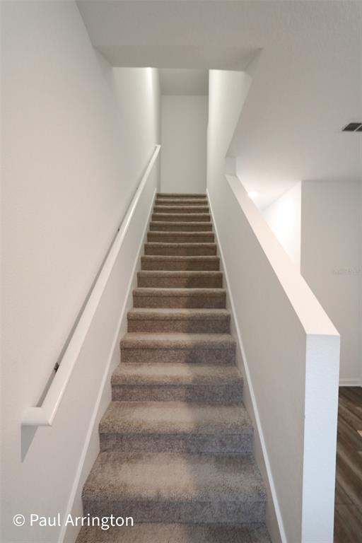 A straight staircase with carpeted steps and a white handrail leads to an upper landing — 6371 KAY MORGAN LANE, GIBSONTON, FL
