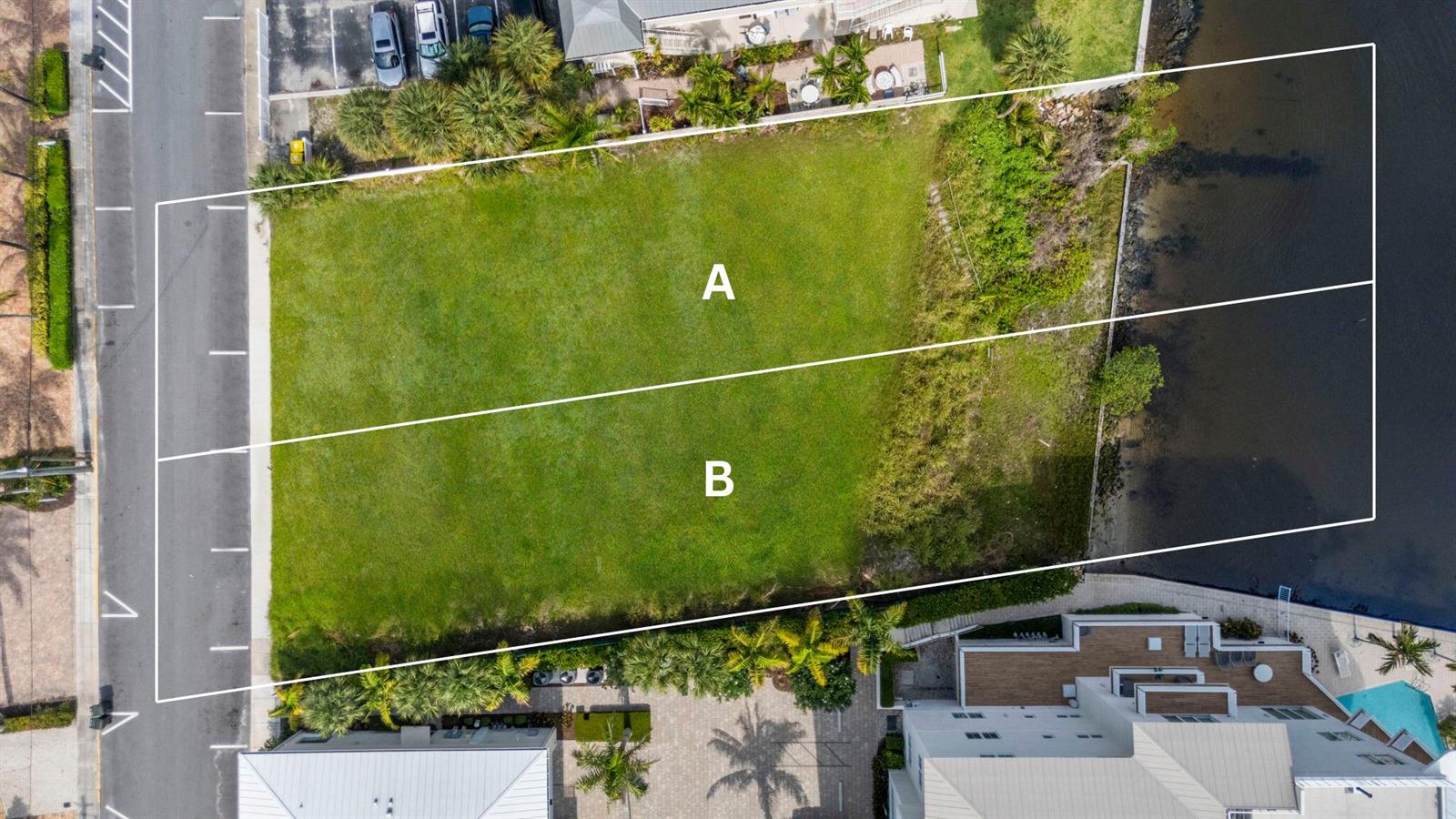 This aerial view shows two adjacent vacant waterfront lots labeled A and B — 39 SE Seminole Street, Stuart FL 34994, STUART, FL