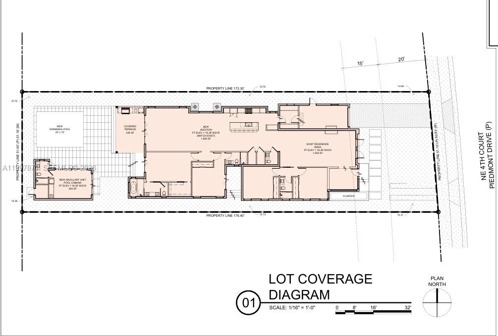This lot coverage diagram shows the site plan for a residence, pool, and cabana — 5934 NE 4th ct, Miami FL 33137, MIAMI, FL